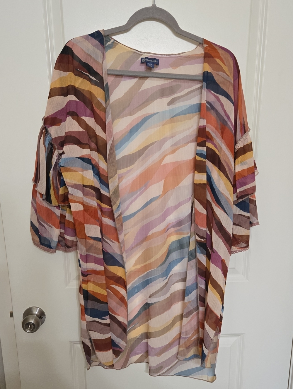 Democracy Striped Open-Front Kimono in Rust, Blue, Pink and Cream